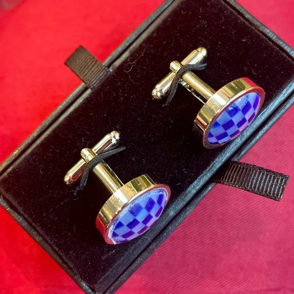 LINK UP cuff links silver tone - mother of pearl look & royal blue check pattern